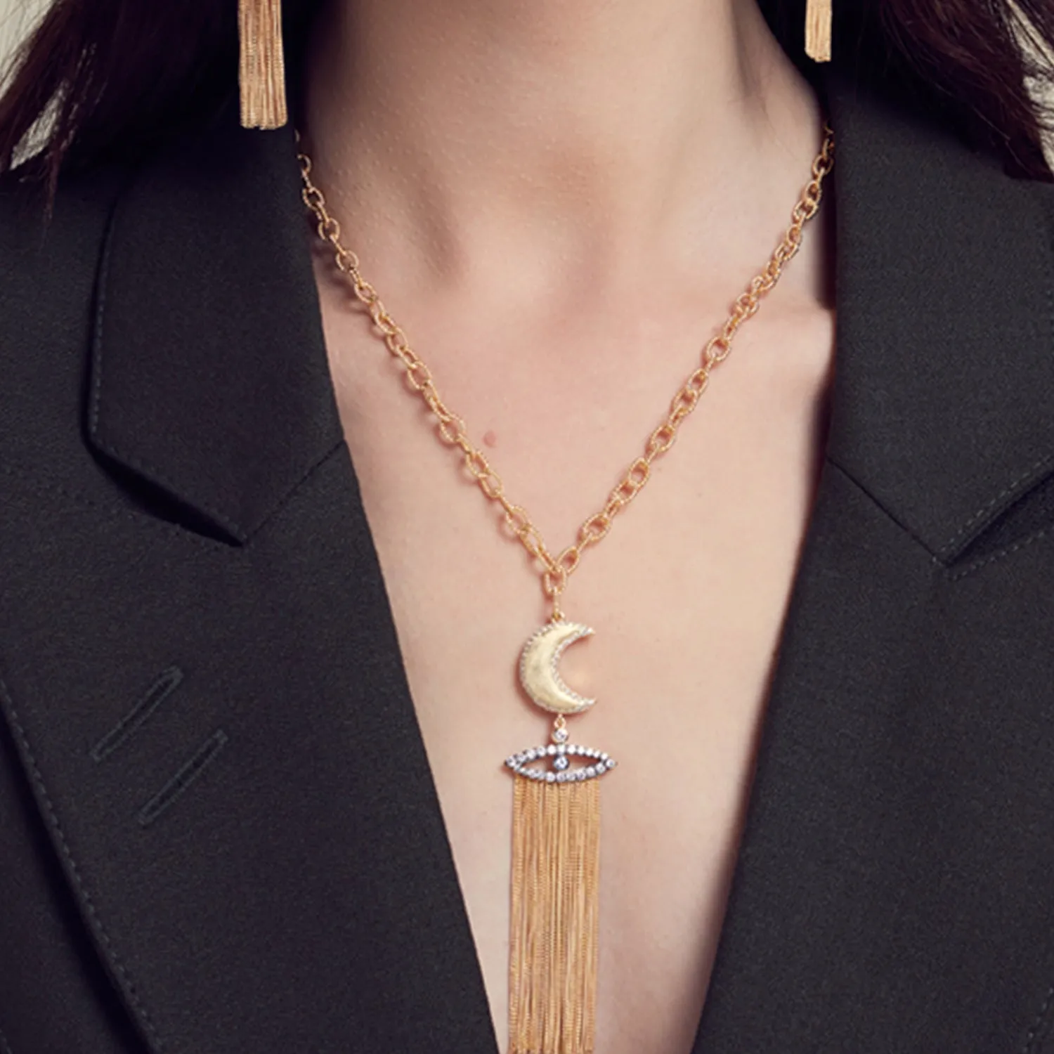 AMMANII Guardian Moon and Protective Eye Necklace with Tassels in Vermeil Gold