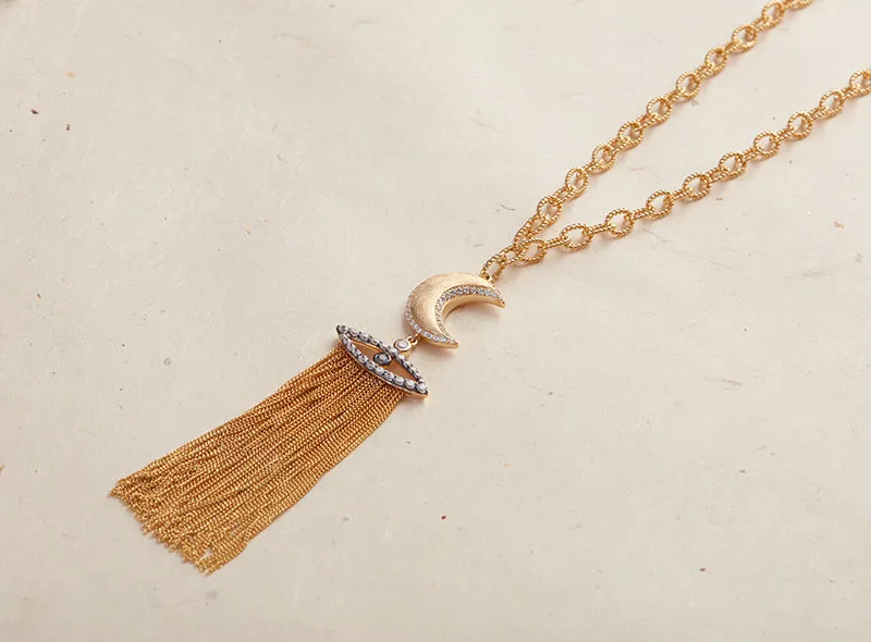 AMMANII Guardian Moon and Protective Eye Necklace with Tassels in Vermeil Gold