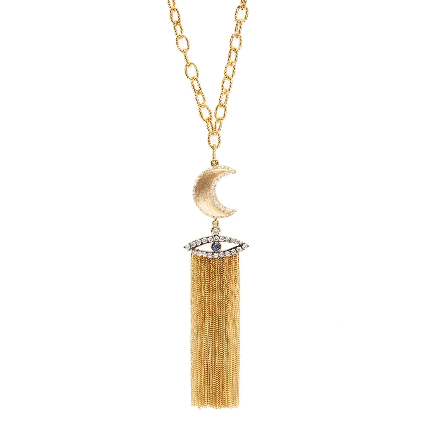 AMMANII Guardian Moon and Protective Eye Necklace with Tassels in Vermeil Gold