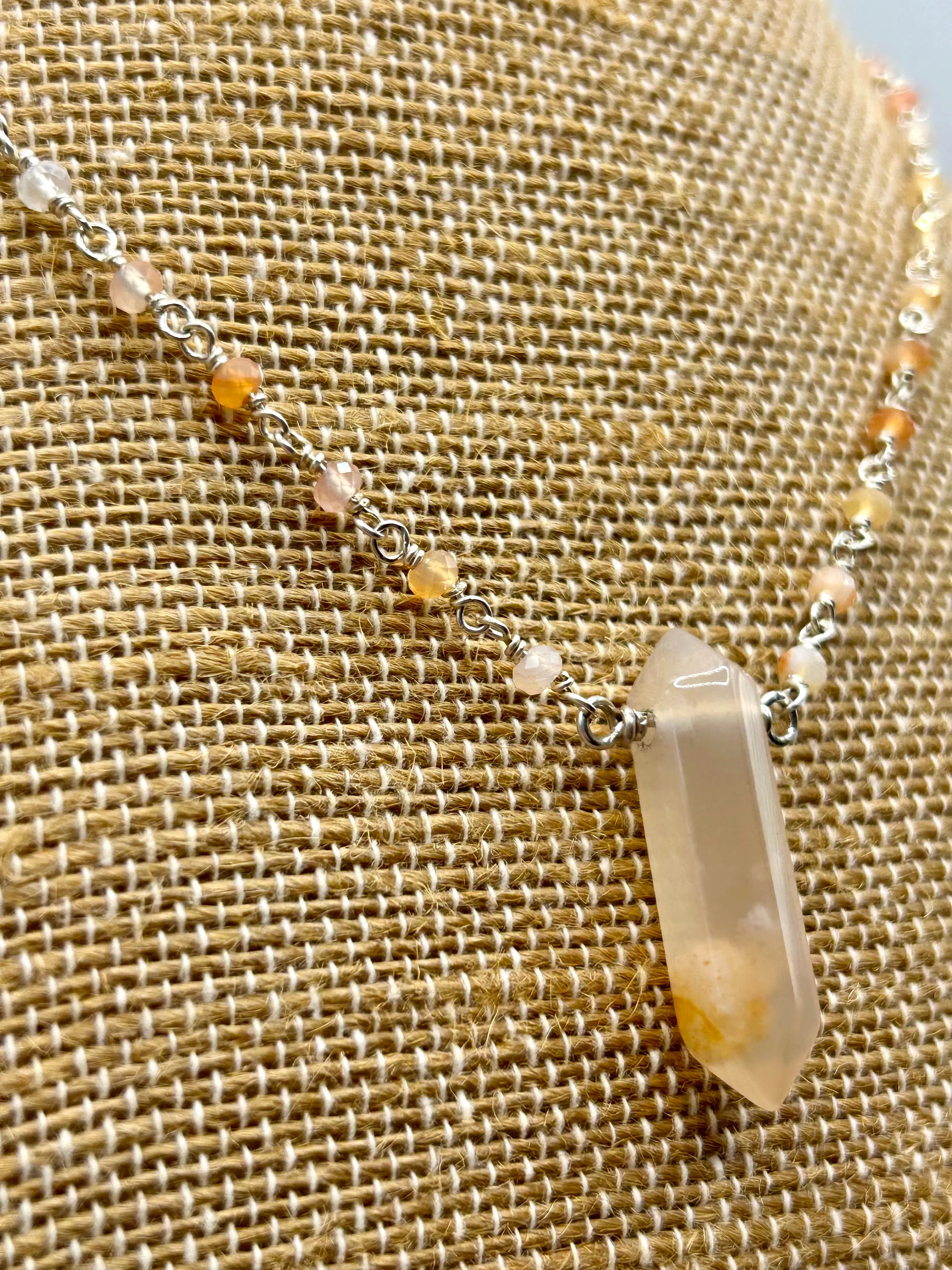 Botswana Agate & Flower Agate Gemstone Sterling Silver Chain Link Wire Wrapped Necklace