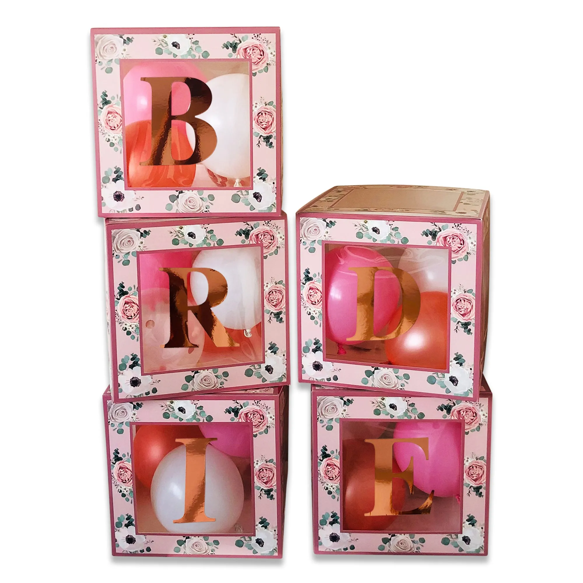 Bride Balloon Boxes Rose Gold Floral Hen Party Decorations Accessories 5 Boxes Bride to Be Groom Letters