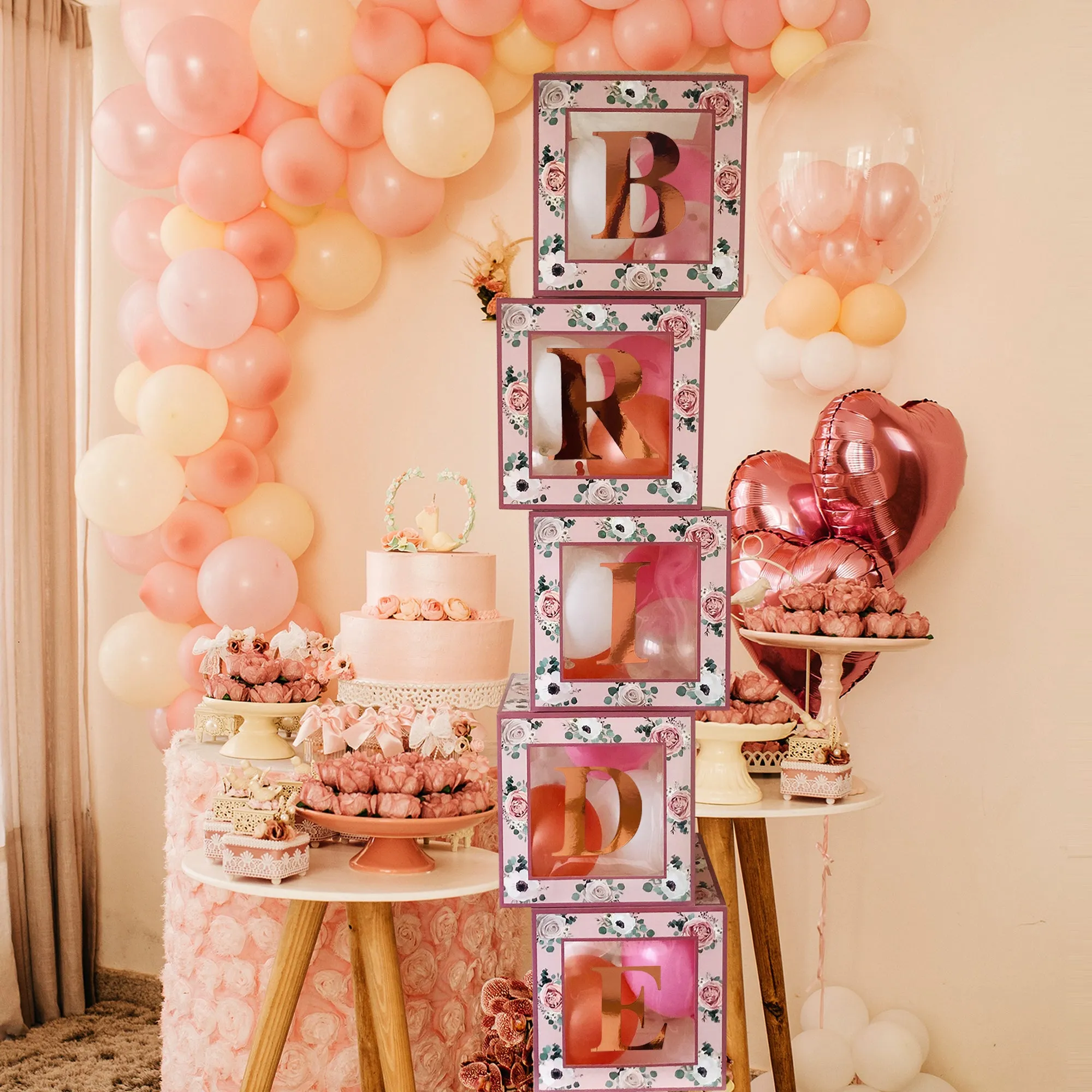 Bride Balloon Boxes Rose Gold Floral Hen Party Decorations Accessories 5 Boxes Bride to Be Groom Letters