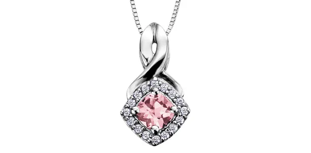 Cushion Cut Pink Tourmaline Diamond Halo Pendant in White Gold
