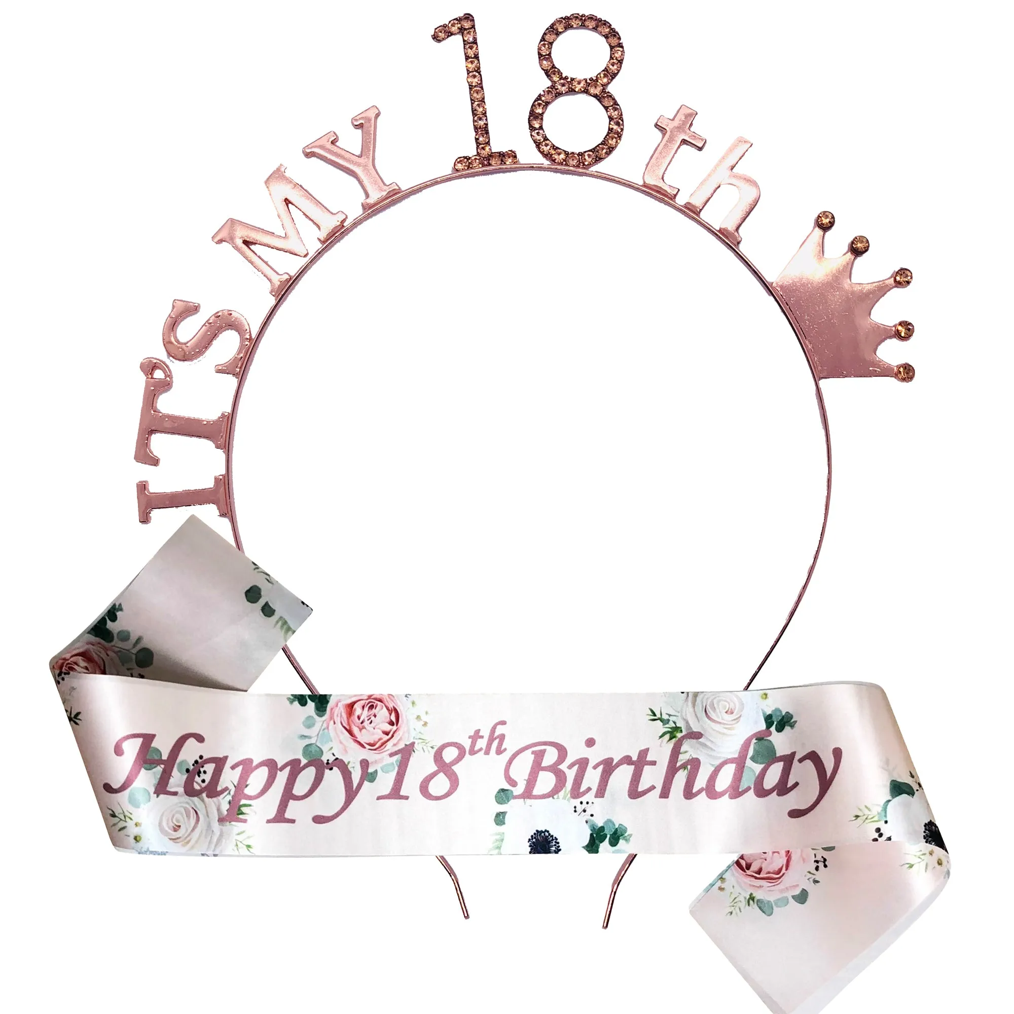 Floral Rose Gold Birthday Tiara and Sash Set
