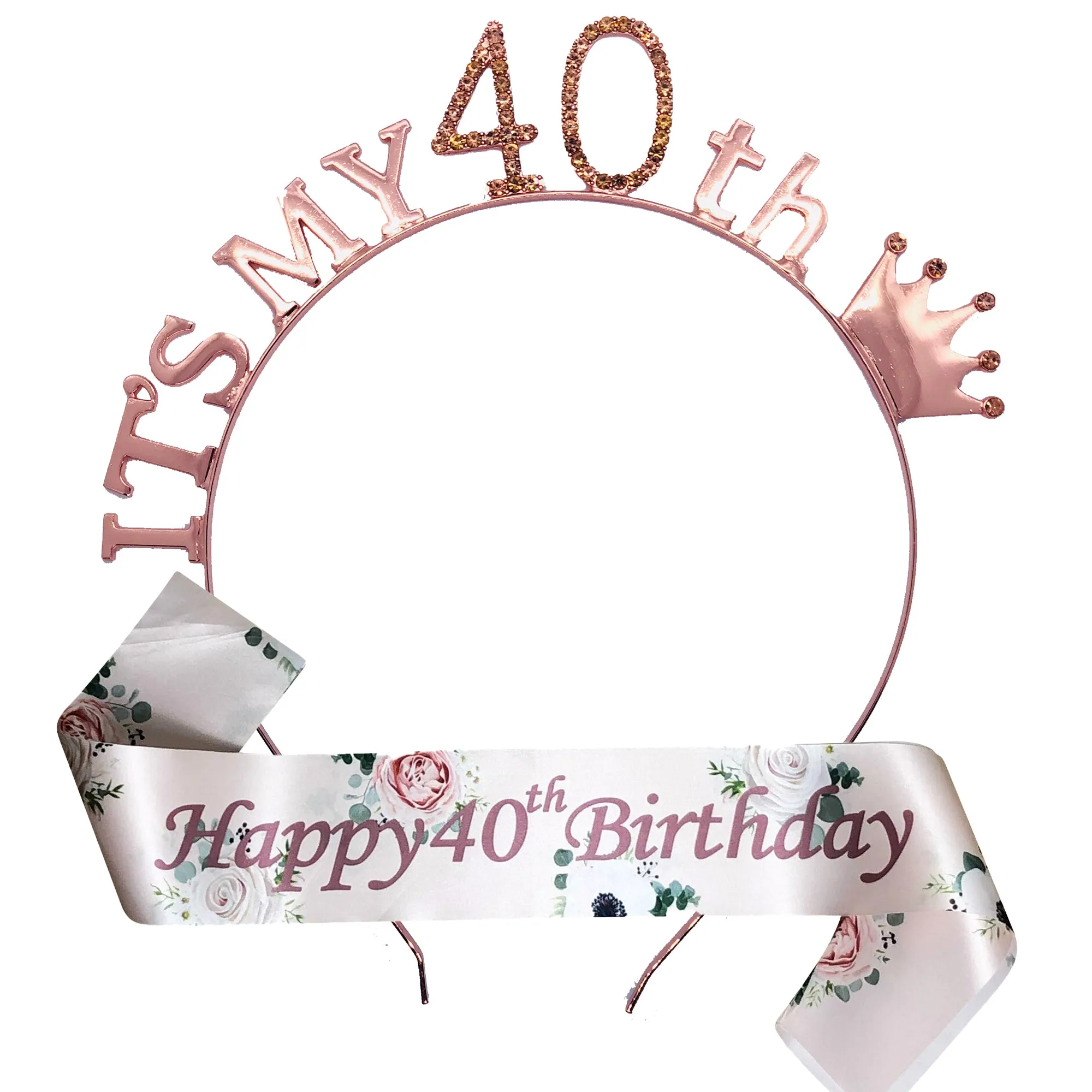 Floral Rose Gold Birthday Tiara and Sash Set