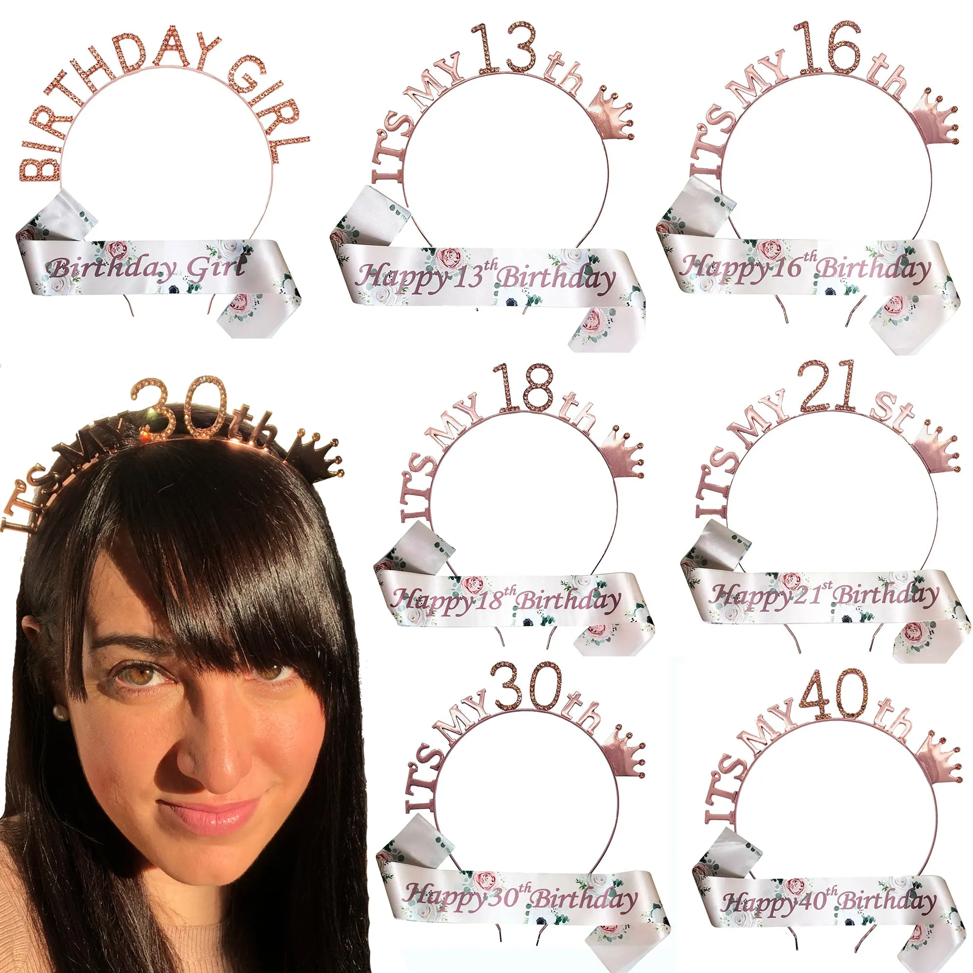 Floral Rose Gold Birthday Tiara and Sash Set