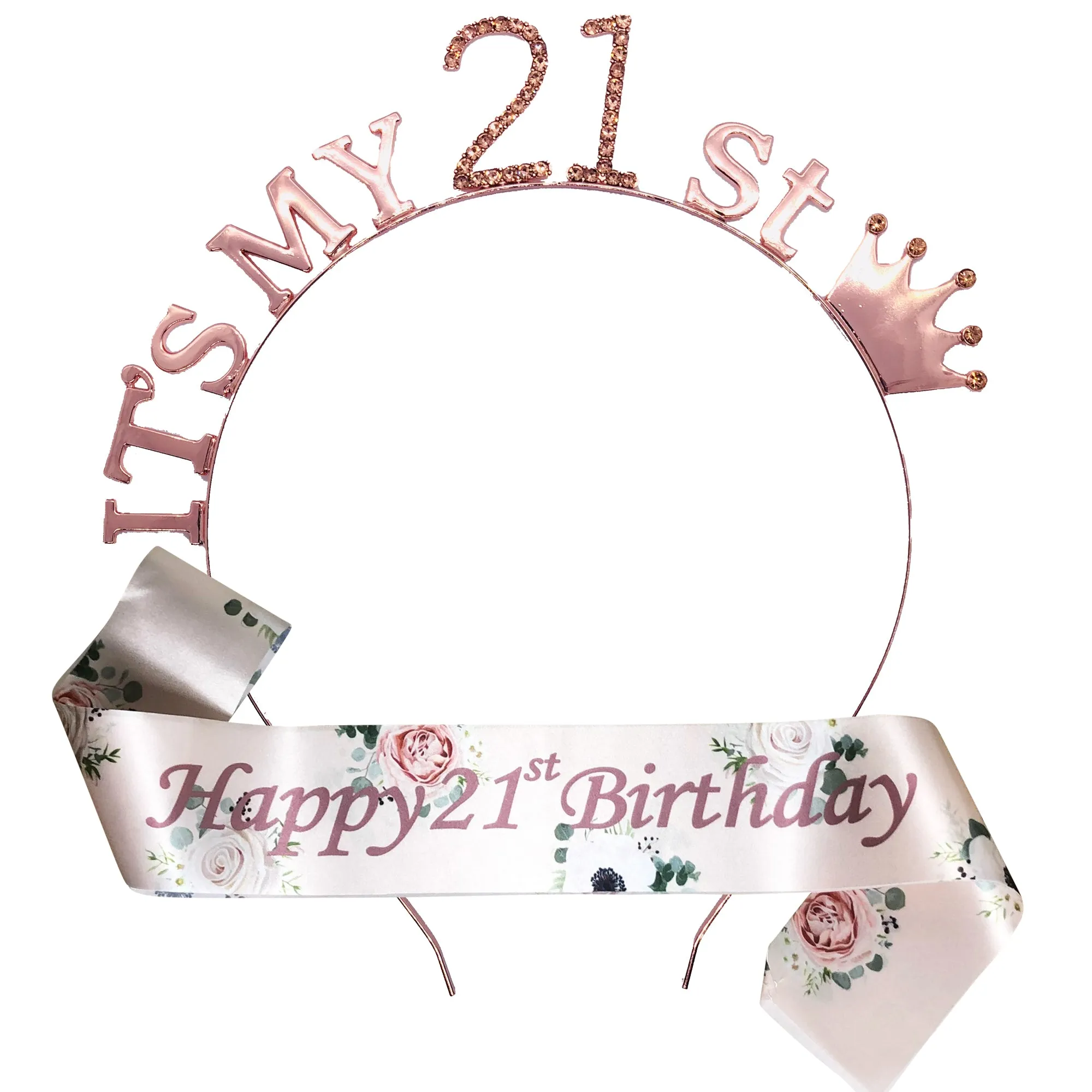 Floral Rose Gold Birthday Tiara and Sash Set