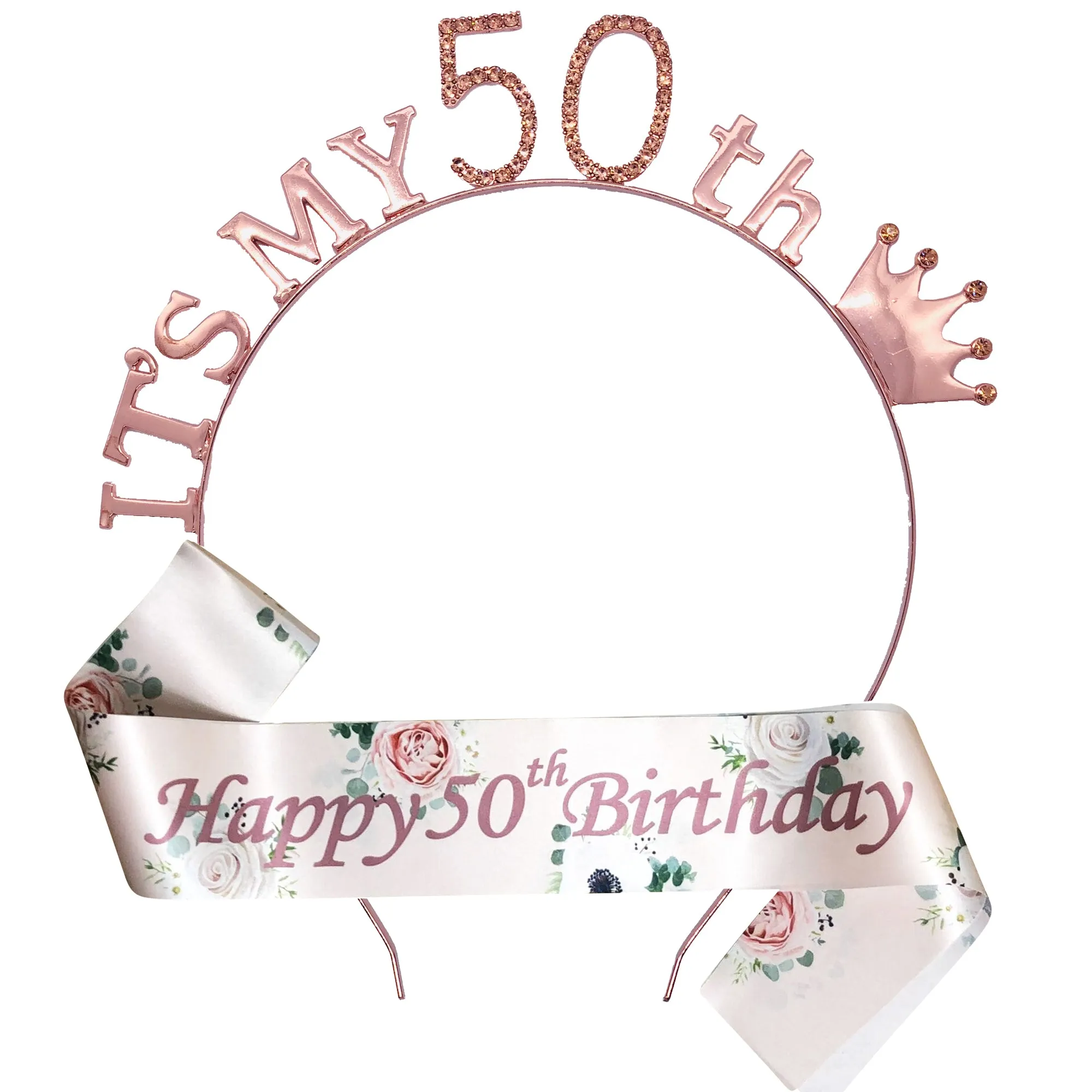 Floral Rose Gold Birthday Tiara and Sash Set