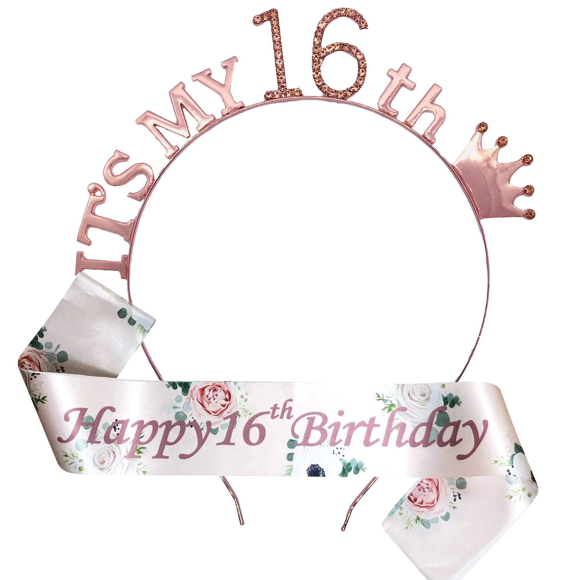 Floral Rose Gold Birthday Tiara and Sash Set