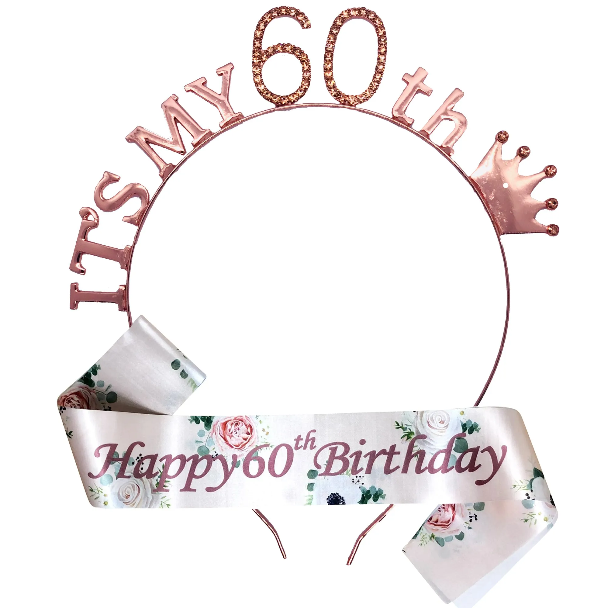 Floral Rose Gold Birthday Tiara and Sash Set
