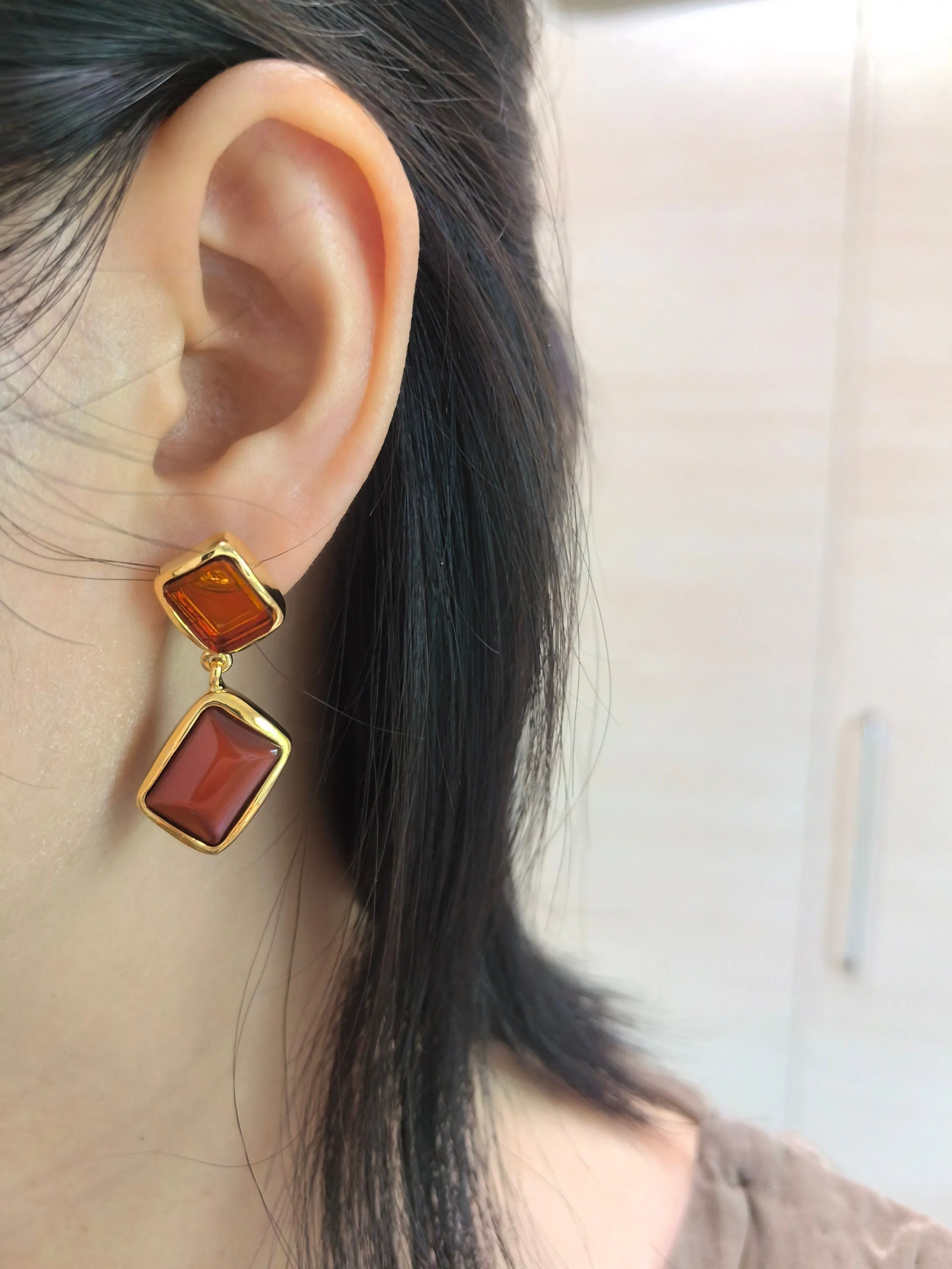 Geometric Brown Resin Square Drop Earrings
