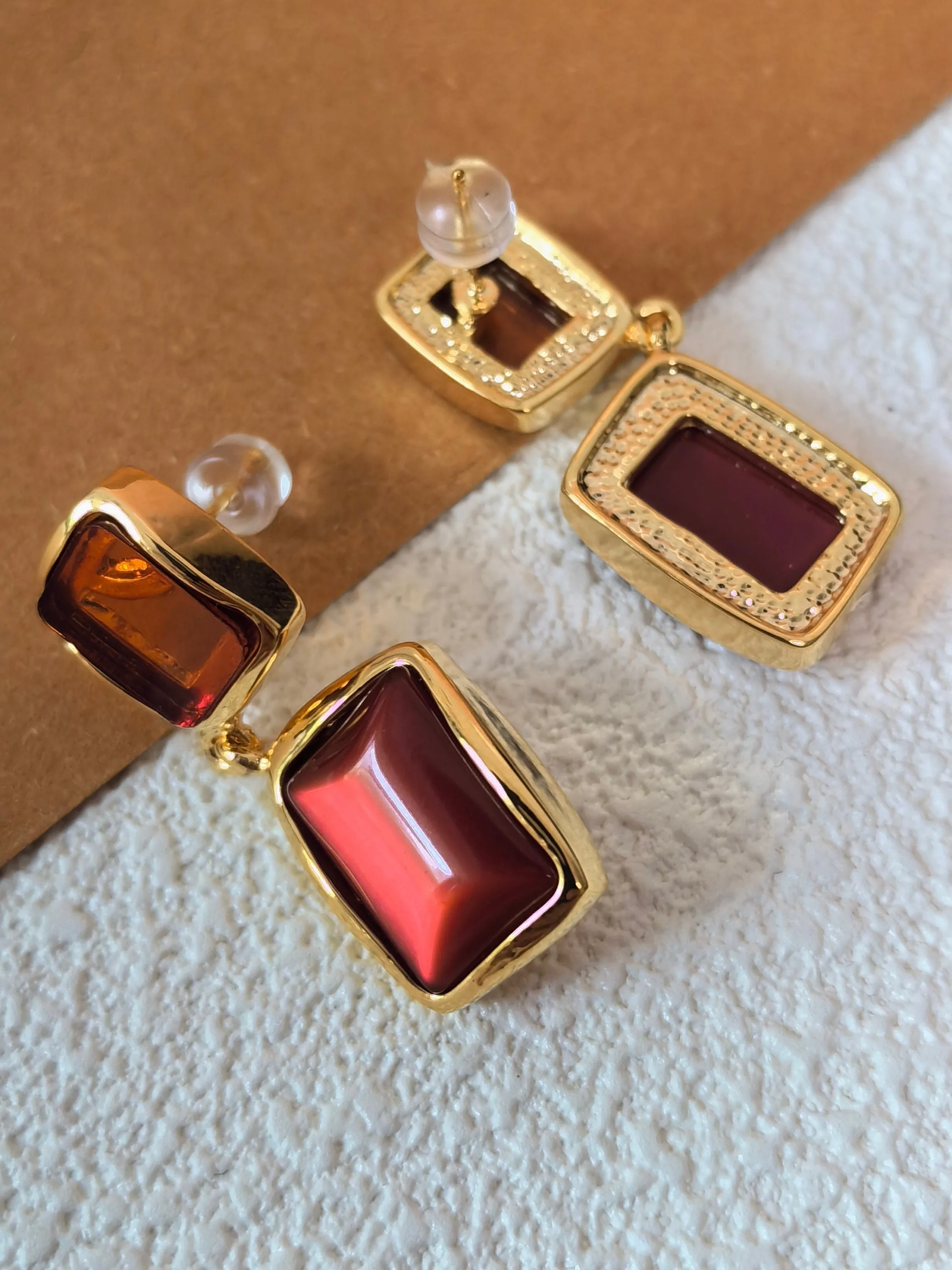 Geometric Brown Resin Square Drop Earrings