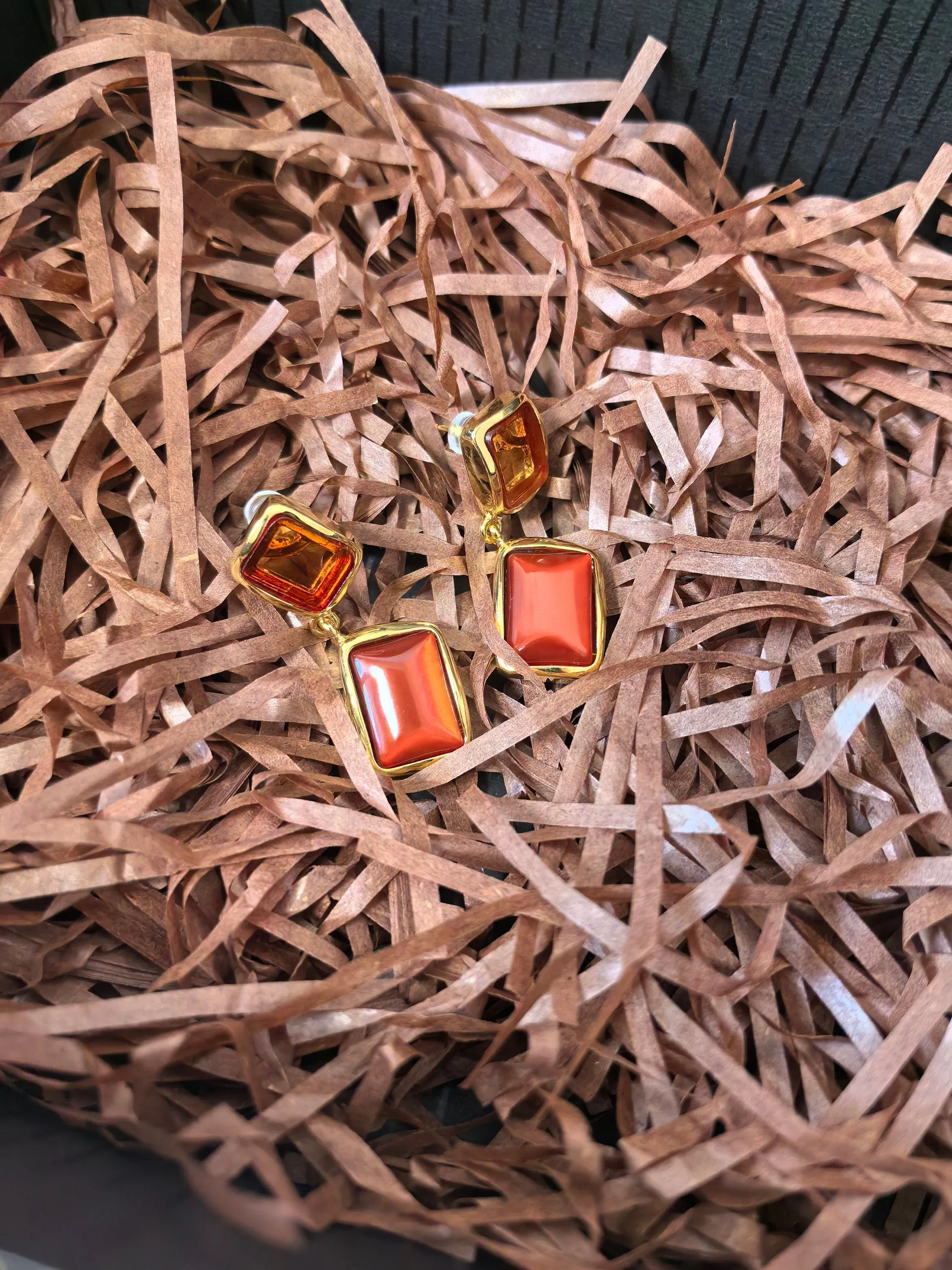 Geometric Brown Resin Square Drop Earrings
