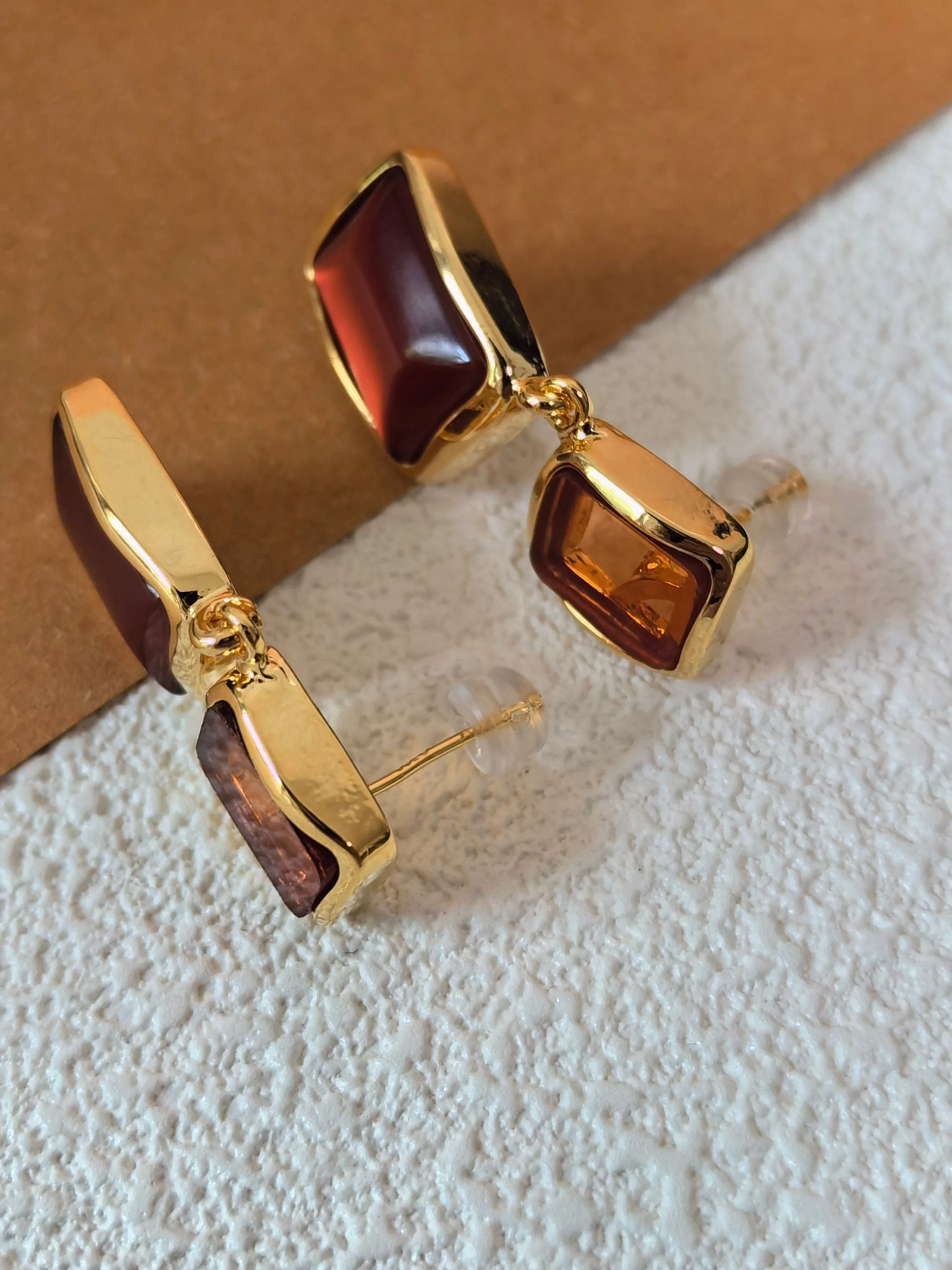 Geometric Brown Resin Square Drop Earrings