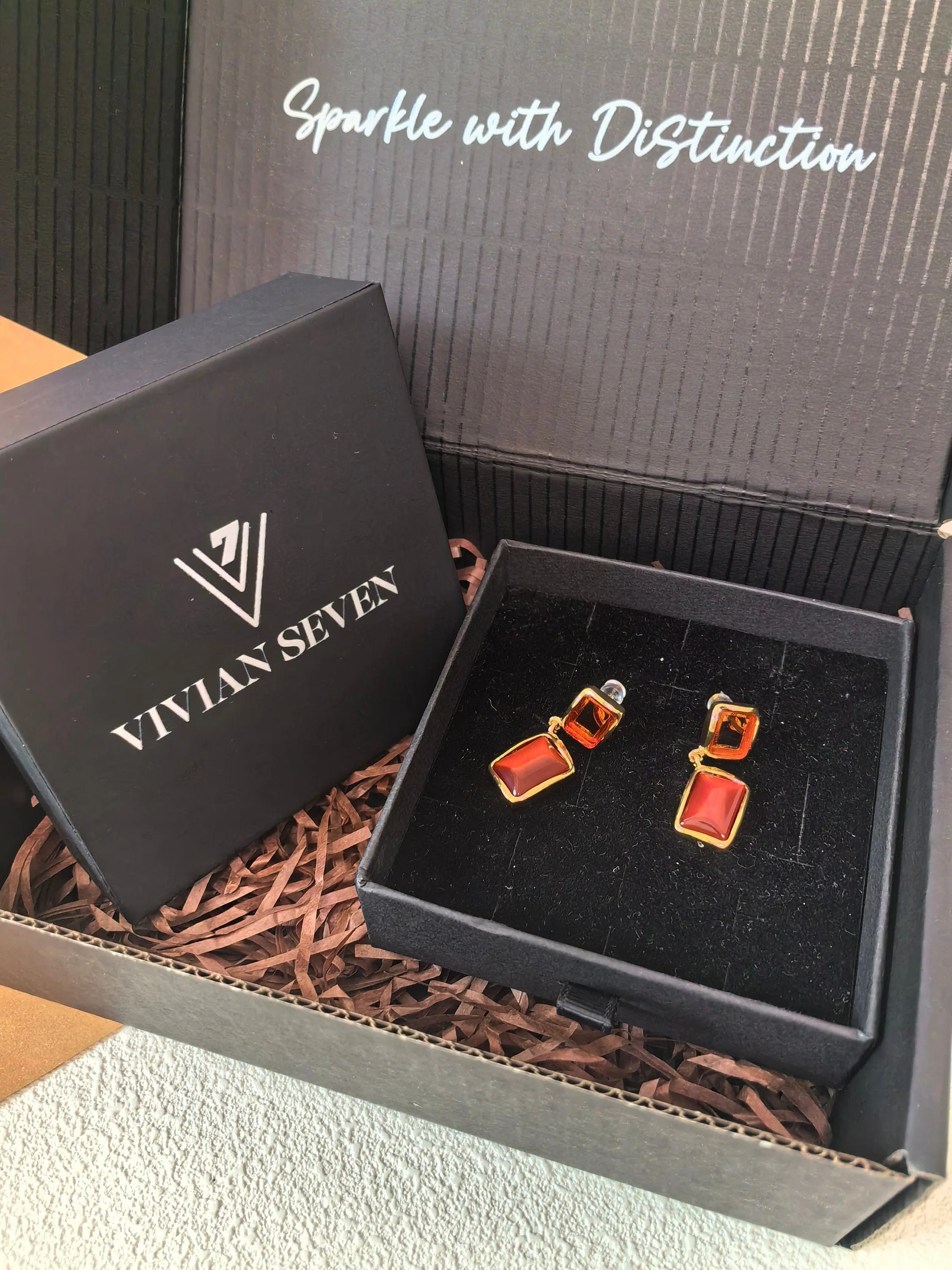 Geometric Brown Resin Square Drop Earrings