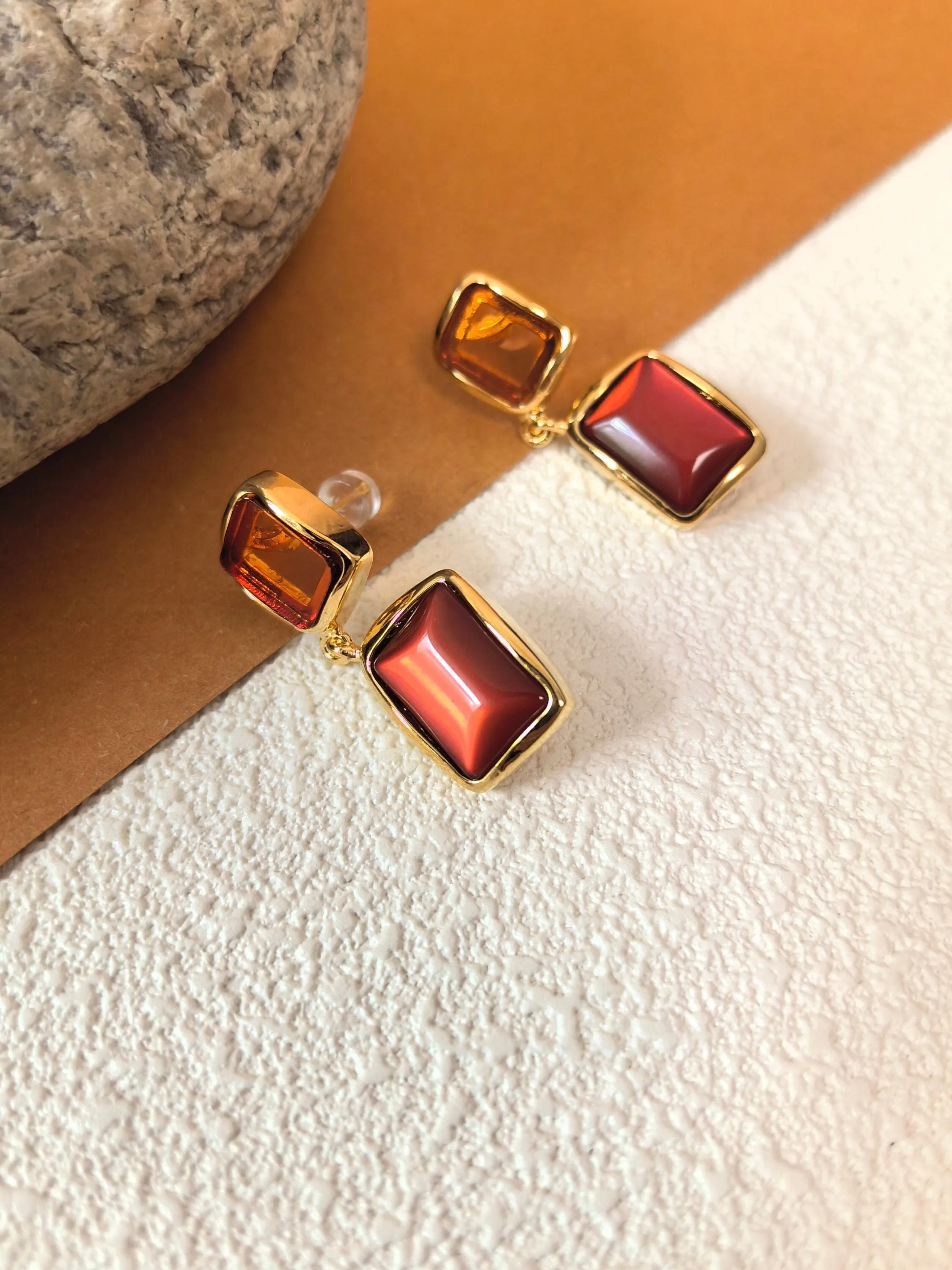 Geometric Brown Resin Square Drop Earrings