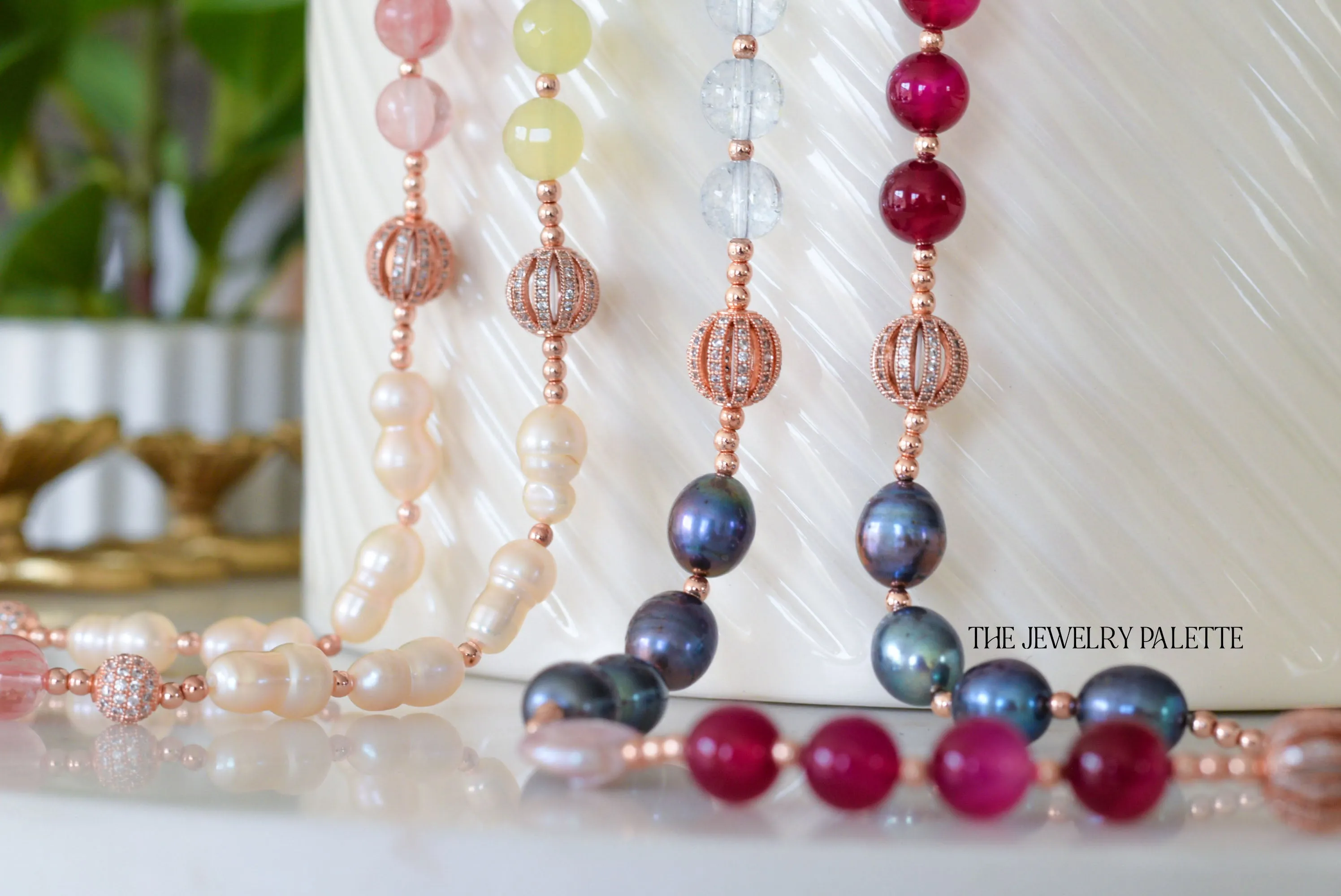 Layla grey pearl, topaz and agate gemstone necklace with rose gold accents