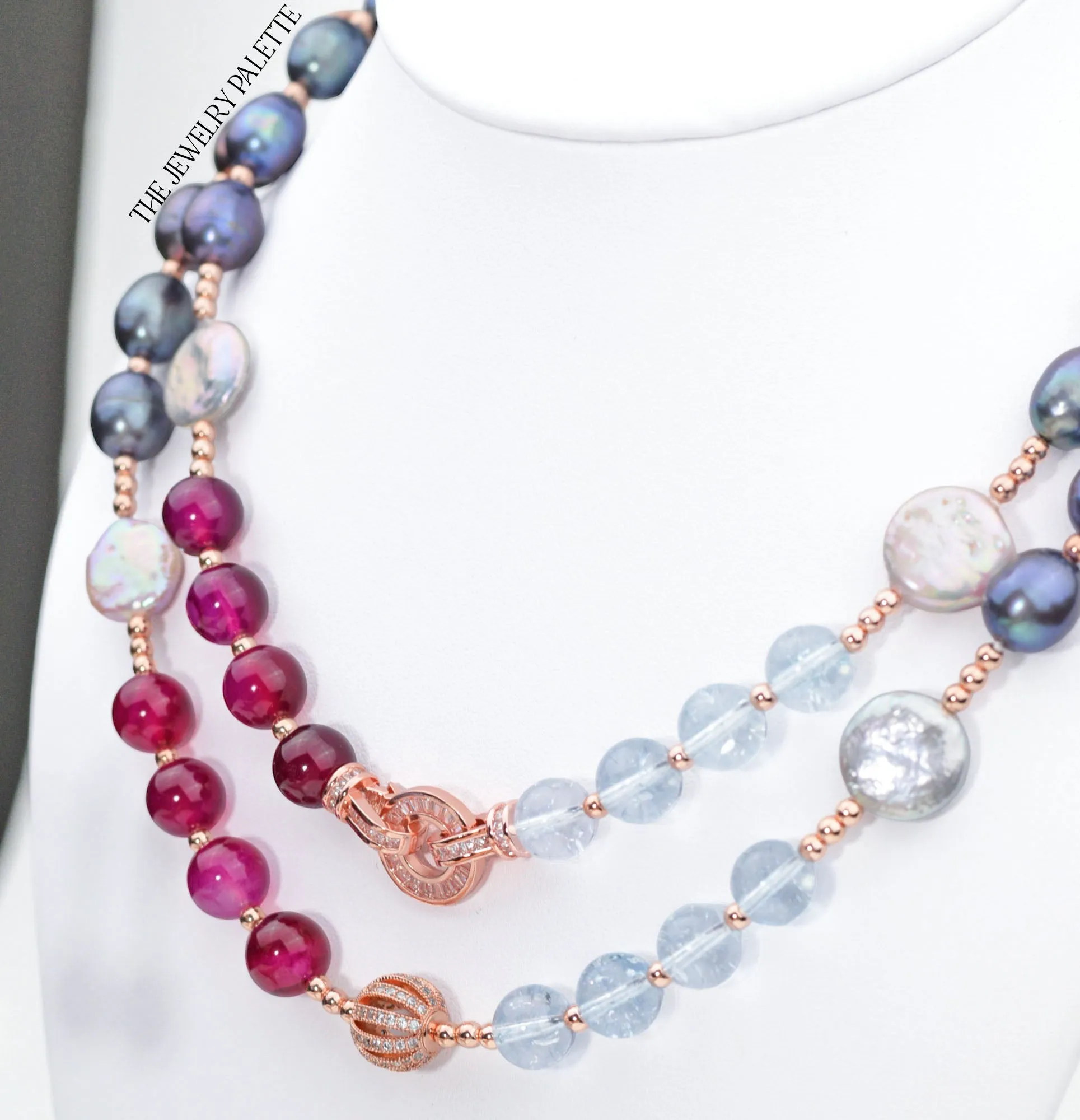Layla grey pearl, topaz and agate gemstone necklace with rose gold accents