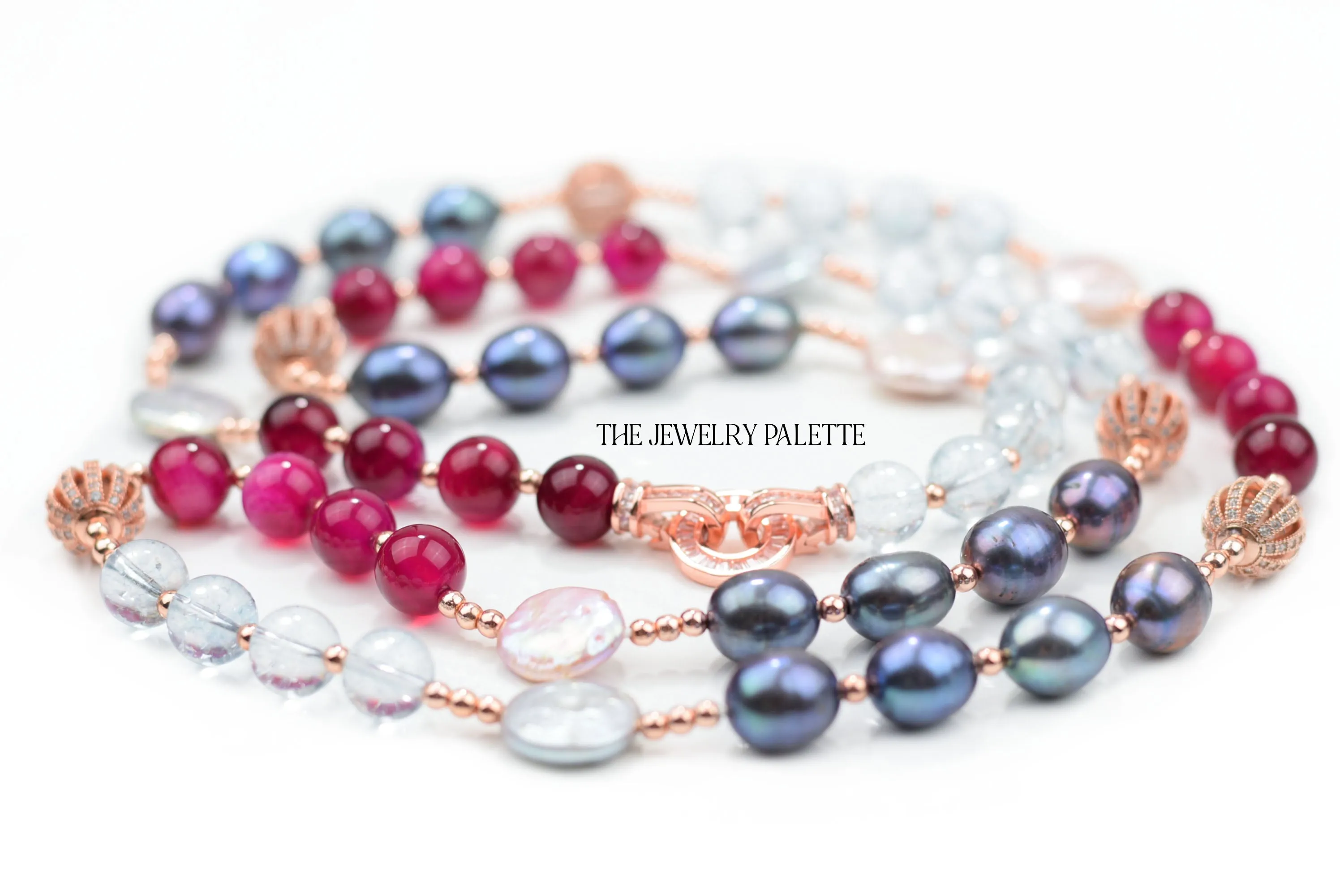 Layla grey pearl, topaz and agate gemstone necklace with rose gold accents