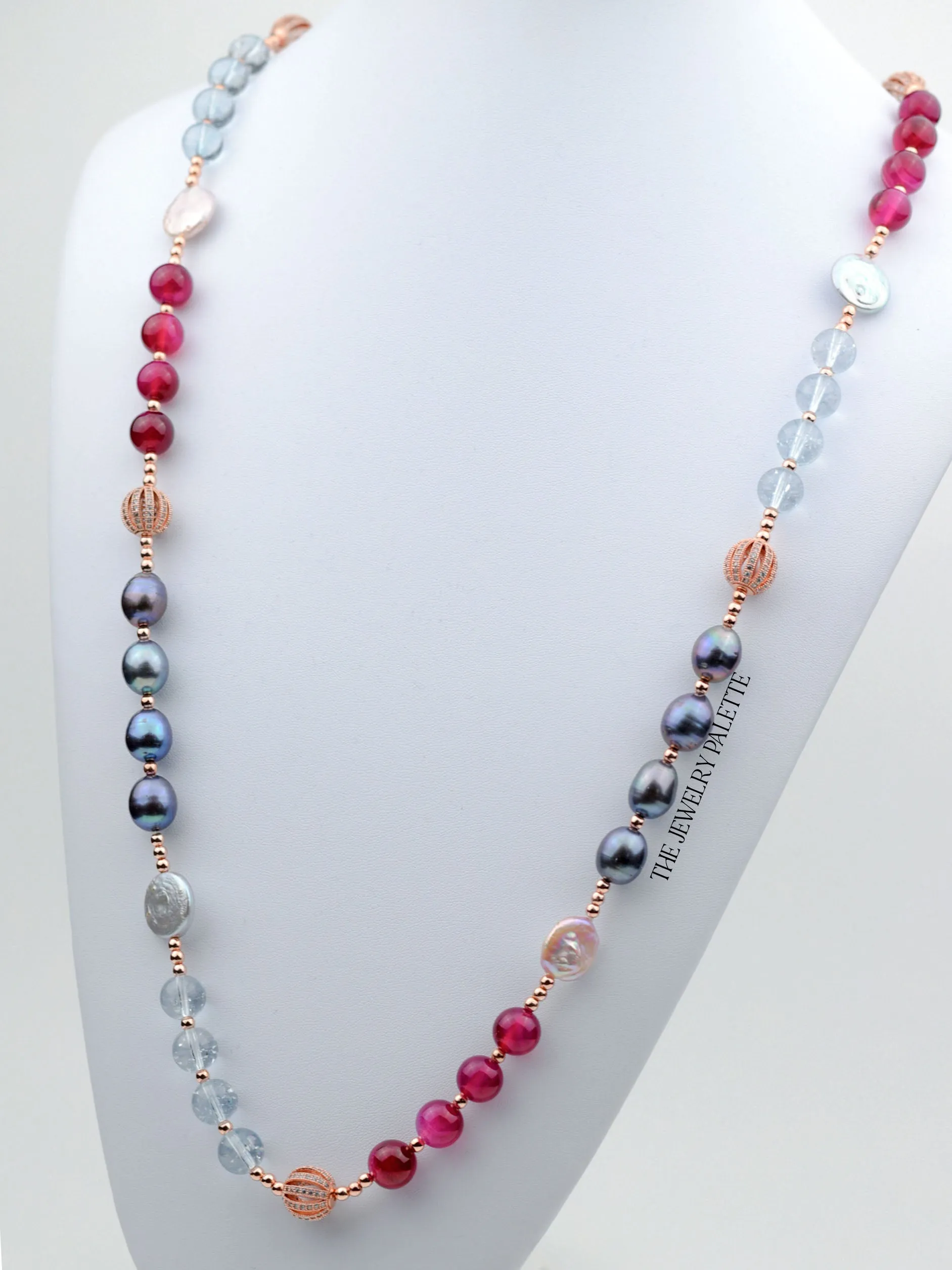 Layla grey pearl, topaz and agate gemstone necklace with rose gold accents