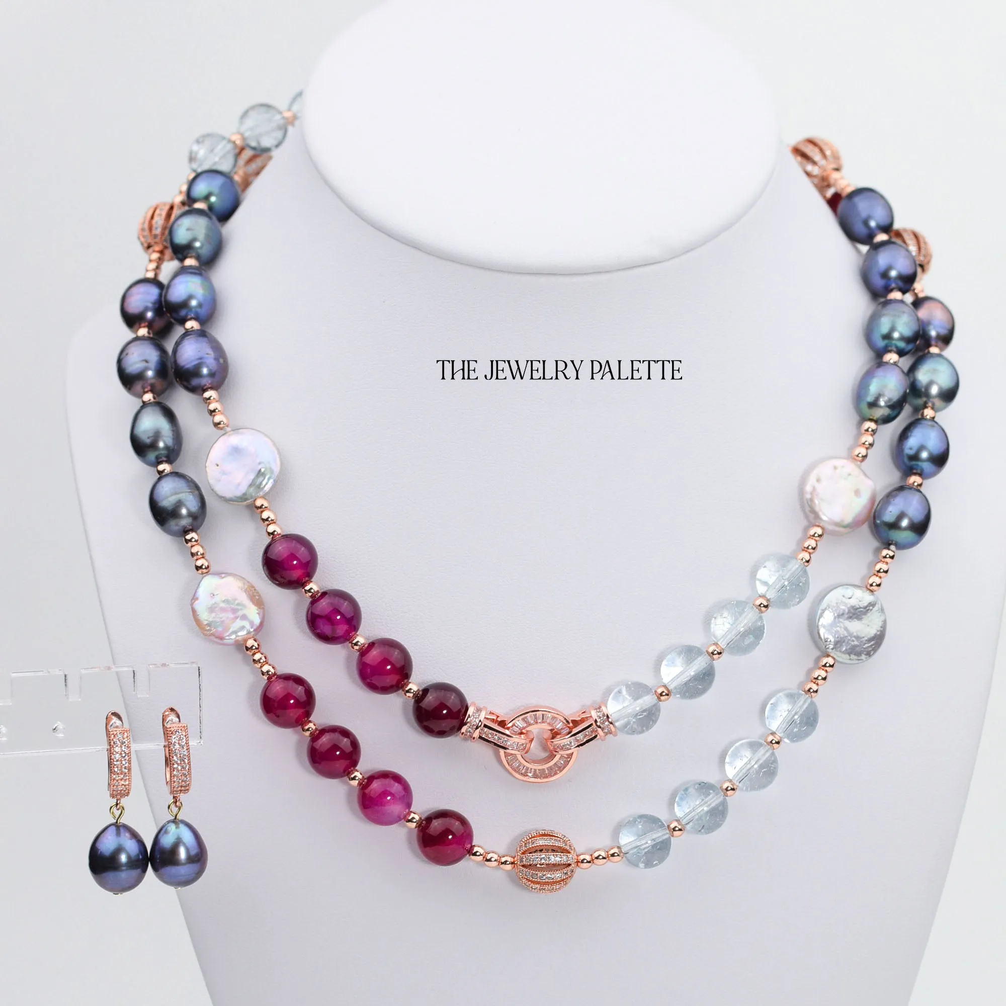 Layla grey pearl, topaz and agate gemstone necklace with rose gold accents