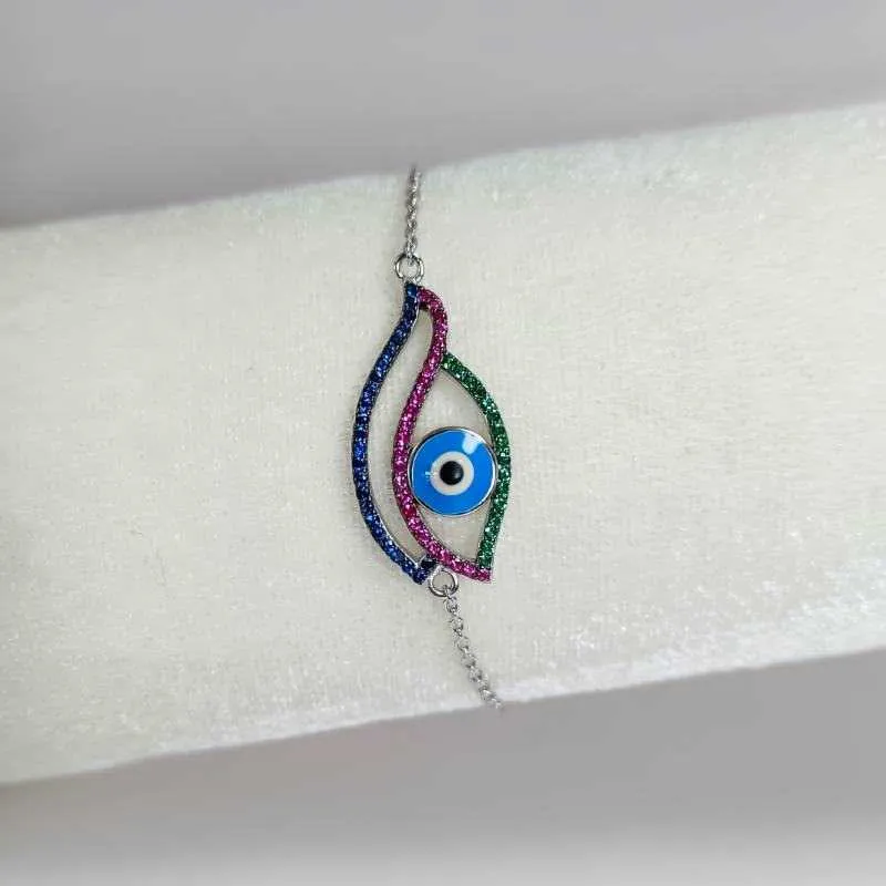 Silver Evil Eye  Bracelet with Colour Stones