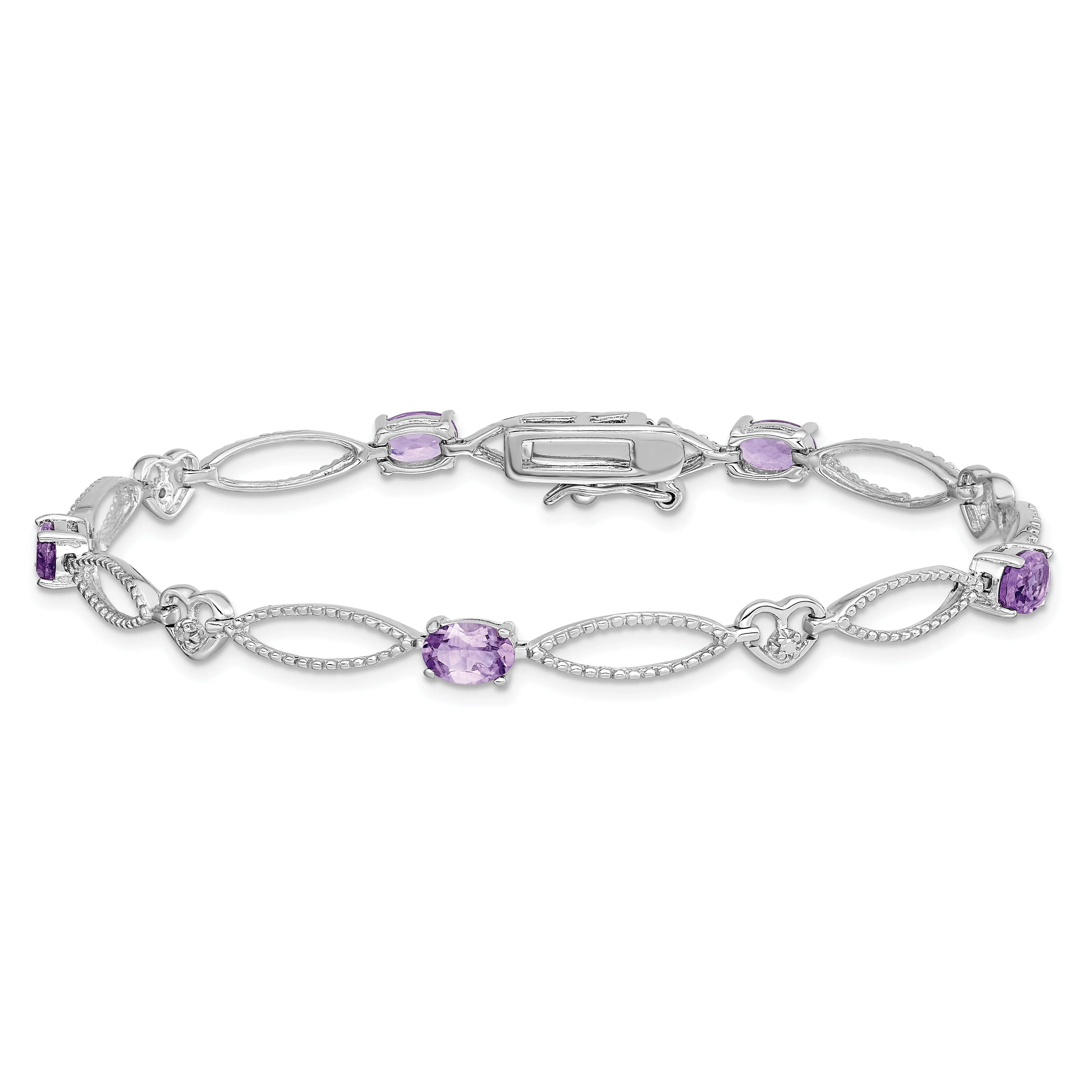 Silver Genuine Amethyst Oval Diamond Bracelet
