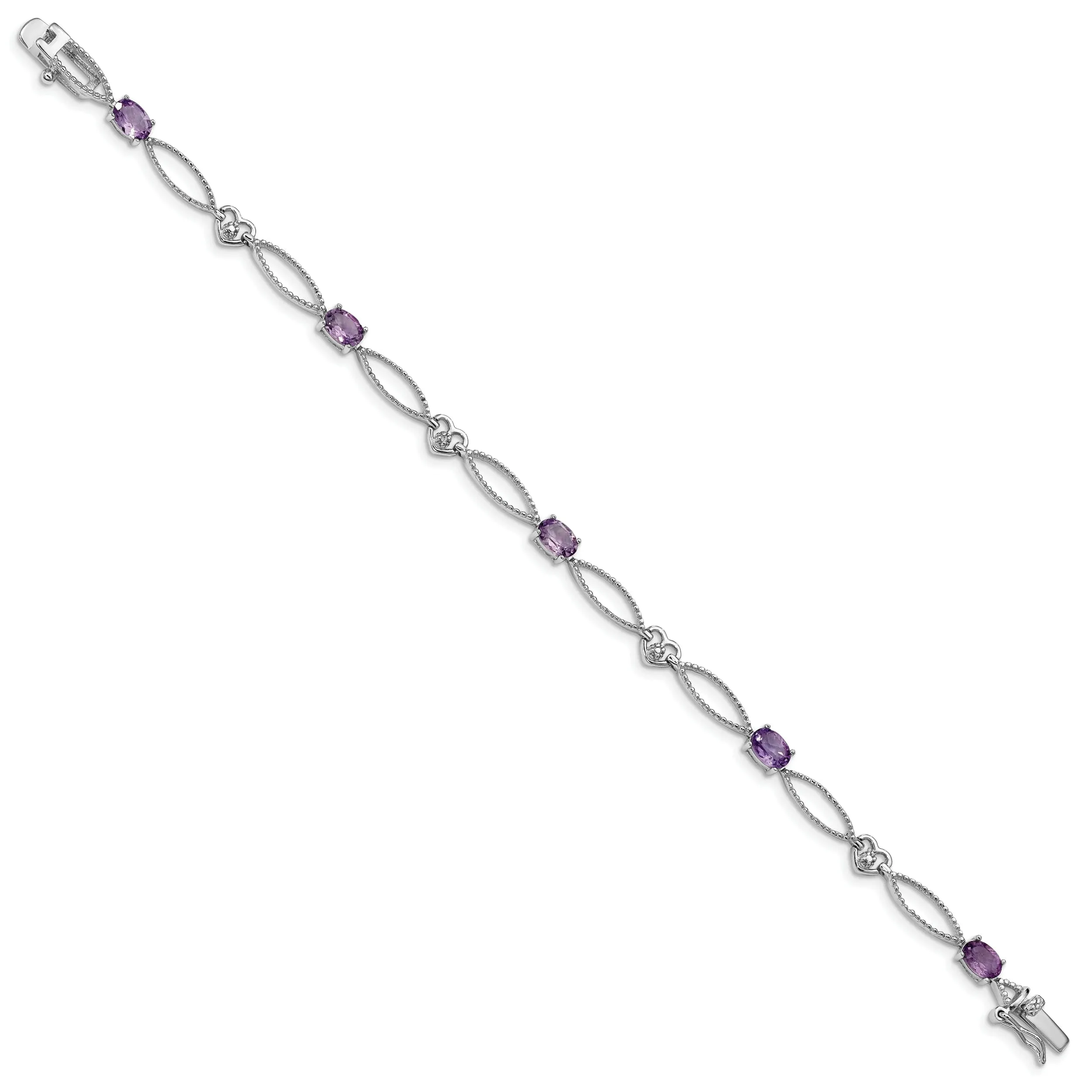 Silver Genuine Amethyst Oval Diamond Bracelet