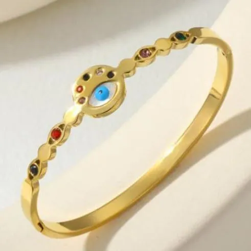 Stainless Steel Gold Plated Multi Colour Cubic Zircon Evil Eye Kada