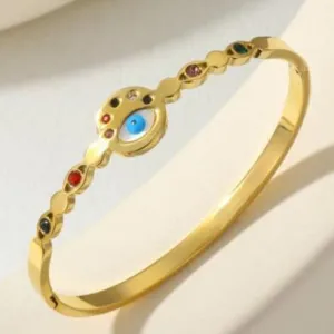 Stainless Steel Gold Plated Multi Colour Cubic Zircon Evil Eye Kada